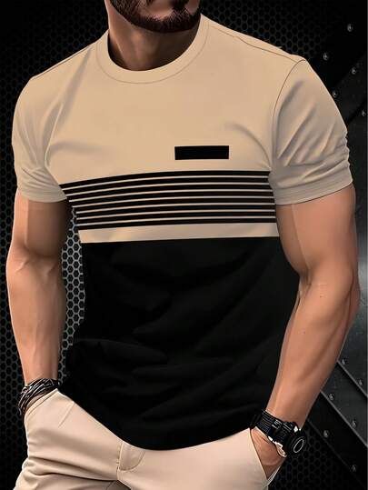 男士3D印花极简双色线条图案T恤，休闲短袖夏季户外套头衫，100%涤纶，弹力面料