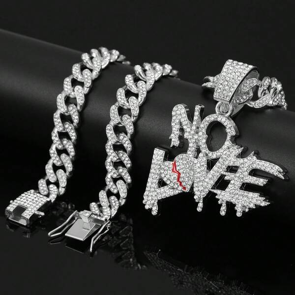 Stylish Broken Heart Necklace, Street Culture Inspired Punk Heart Pendant Necklace With Rhinestones, Personalized Necklace For Men, No Love Letter Pendant Necklace, Exaggerated Cracked Heart Design