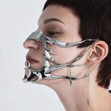 1 Piece Cyberpunk Metal Mask Niche Design Irregular Fluid Mechanical Style Earrings Lip Ring Adjustable Face Accessories For Men And Women - Bộ hoàn chỉnh - Xem 8