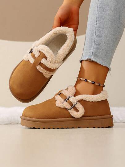 女士仿毛皮驼色户外厚底踝靴，搭扣毛绒内衬羊皮靴，新款秋冬后拉带加厚保暖防寒拖鞋，时尚简约保暖冬季男士室内拖鞋，雪地靴