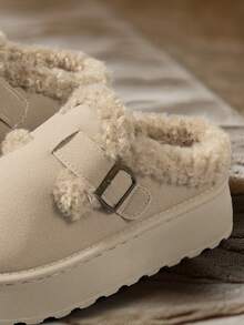 2025 Women's New Slip-On Fluffy Slippers, Winter Outdoor Wear, Plush Lining, Thick Sole, Buckle Strap, Platform, Large Size, Black Snow Boots - Beige - View 5