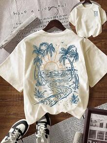 Women's Palm Tree Print Casual Round Neck Short Sleeve T-Shirt, Vacation/Resort WearPrinted Round Neck Short Sleeve Women's Tee - Daily Casual, Sports & Fitness, All Seasons (Perfect For /Valentine's Day) - Màu be - Xem 1