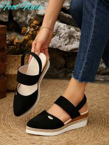 Foot Flair 女式加大码尖头拼色露背帆布凉鞋，黑色波西米亚海滩度假风格，全新轻质厚底坡跟凉鞋 - 黑色 - 查看 4