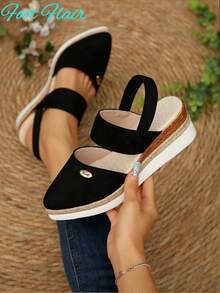 Foot Flair 女式加大码尖头拼色露背帆布凉鞋，黑色波西米亚海滩度假风格，全新轻质厚底坡跟凉鞋 - 黑色 - 查看 3