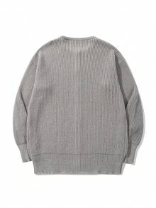 男女款休闲宽松罗纹圆领长袖开衫，简约风格，秋冬 - 灰色 - 查看 6