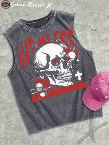 Cotton Washed Crew Neck Tank Top, Skull Art Themed Print, Vintage Washed Craft, Daily Casual Outfit - 灰色 - 查看 1