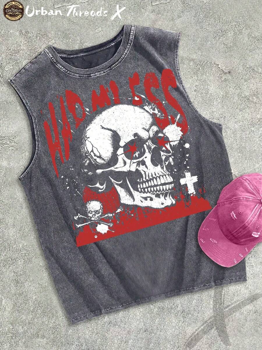 Cotton Washed Crew Neck Tank Top, Skull Art Themed Print, Vintage Washed Craft, Daily Casual Outfit - 灰色 - 查看 1