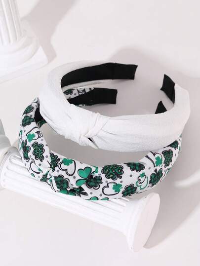 2pcs Women's Minimalist Clover & Heart Printed Headbands, Green Leopard Pattern, Suitable For Daily, Spring/Summer, Beach, Holiday Matching