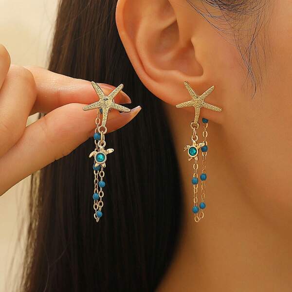 Trending In Europe & US Vintage Beach Style Starfish & Shell Chain Earrings, Elegant & Versatile Women's Earrings, Summer Starfish, Sea Turtle Earrings, Bohemian Jewelry Earrings For Women