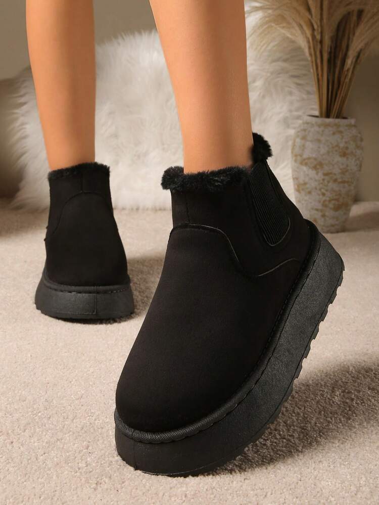 女式仿毛黑色户外5厘米厚底踝靴，紧身针织袖口毛皮衬里雪地靴，新款秋冬款带后拉带，蓬松加厚保暖内衬拖鞋时尚简约保暖鞋男士室内拖鞋 - 黑色 - 查看 4