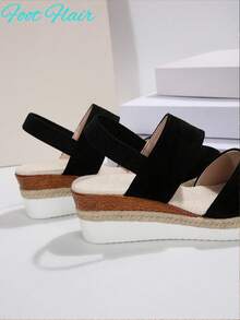 Foot Flair 女式加大码尖头拼色露背帆布凉鞋，黑色波西米亚海滩度假风格，全新轻质厚底坡跟凉鞋 - 黑色 - 查看 9