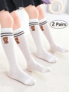 2/1 双儿童中筒袜，儿童运动袜，网眼直筒，儿童中筒袜，男孩，女孩，黑色，白色，纯色，卡通熊图案，条纹，休闲，时尚，可爱，适合日常穿着，校服，可搭配休闲鞋，运动鞋，返校季，学生，新学期 - 彩色 - 查看 7