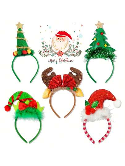 5pcs Classic Christmas Headbands - Holiday Party Accessories With Santa Claus, Reindeer, Christmas Tree Designs - Durable Plastic Structure, Non-Electric, Feather-Free Seasonal Headwear
