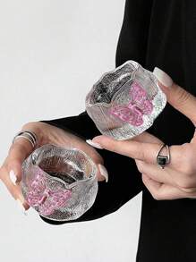 1pc/2pcs Japanese Style Glass Teaware, Wabi-Sabi Gongfu Tea Cups, Pink Butterfly Teacups, Living Room, Dining Room, Home Decor Back To School