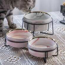 1pc (Iron Frame + Bowl) INS Ceramic Cat Bowl With Iron Frame, Cat/Dog Food Bowl, Pet Supplies, Prevents Neck Strain, Fine Texture, Anti-Grease Absorption, Smooth Glaze, Easy To Clean, Thick Bowl Bottom - Light Grey - View 3
