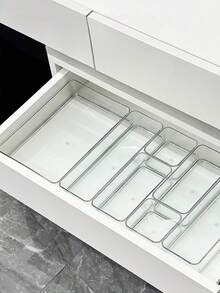8件/4件办公桌化妆品收纳盒套装，组合透明塑料抽屉式收纳盒，梳妆台化妆品收纳盒，优雅收纳盒，办公桌抽屉隔断收纳盒，适用于厨房、卧室、浴室、办公室化妆品、珠宝、小工具、派对办公桌抽屉装饰 - 無色 - 查看 10
