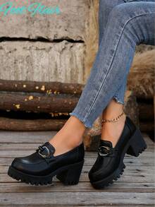 Foot Flair 女士金属链条装饰厚底圆头套脚高跟鞋，复古风格，大码，PU 皮革牛津鞋，黑色，英伦风职业平底鞋（选择尺码时请参考尺码指南） - 黑色 - 查看 7