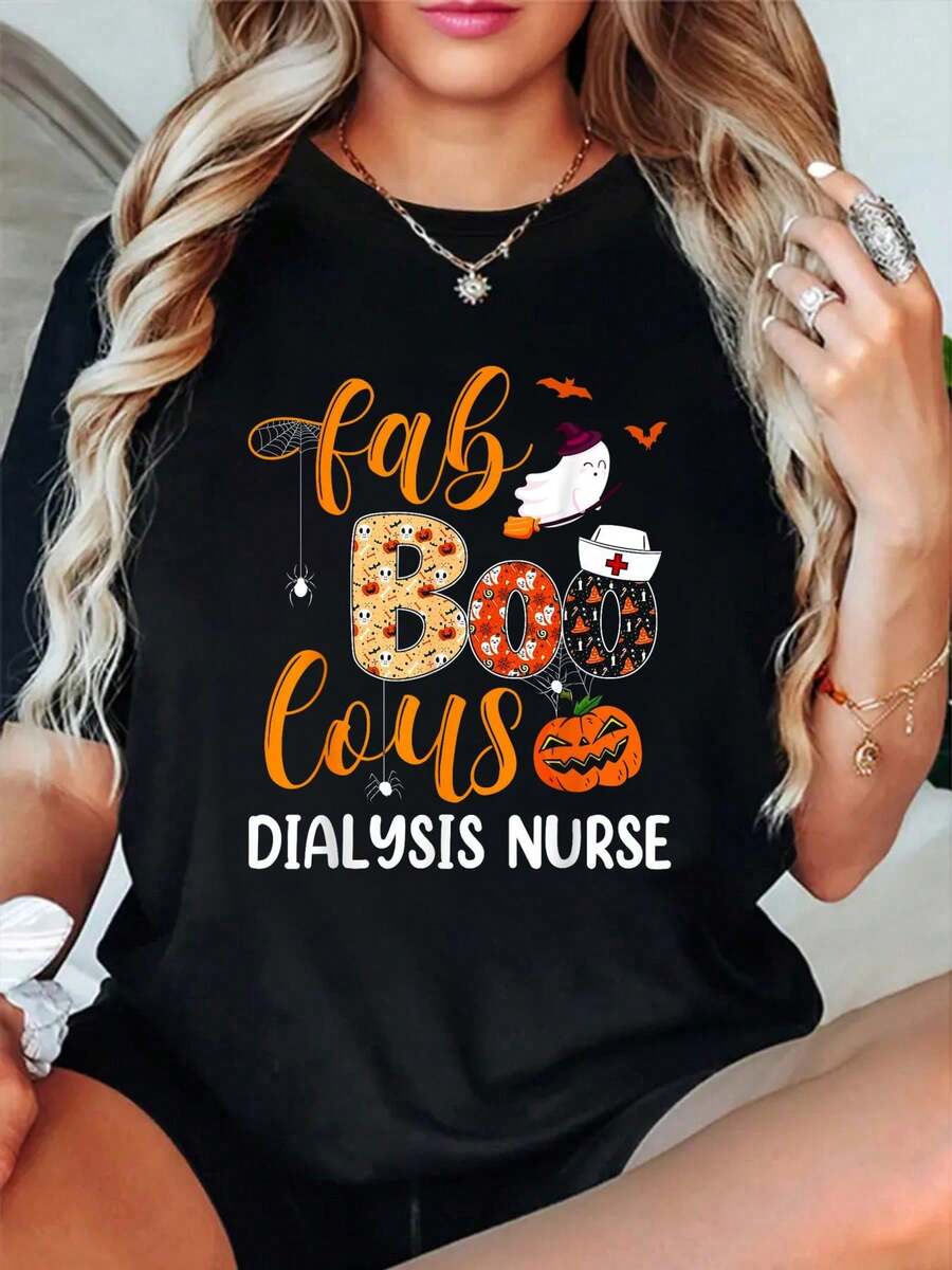 Fabulous Nurse Costume Faboolous Dialysis Nurse Halloween T-Shirt Print T-Shirt, Short Sleeve Round Neck Casual Top For Summer & Spring, Women's Clothing - Black - View 1