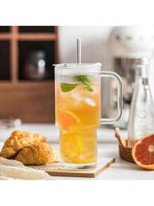 1 Pieza de Vaso de Agua de Gran Capacidad de 600ml/21oz, Nuevo Vaso de Vidrio de Verano para Mujeres con Tapa y Pajita, Vaso de Vidrio a Rayas Verticales (con Pajita y Tapa) Hermoso Vaso de Vidrio para Beber Café, Té, Leche, Americano Helado y Bebidas de Latte