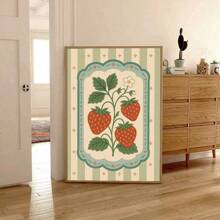 1pc Frameless Vintage Strawberry Wall Art Folk Fruit Poster With Sage Stripe, Rustic Kitchen Decor Print For Bedroom & Dorm | Botanical Posters, Back To School, Retro Room Decor, Funky Farmhouse Aesthetic - Multicolor - View 2