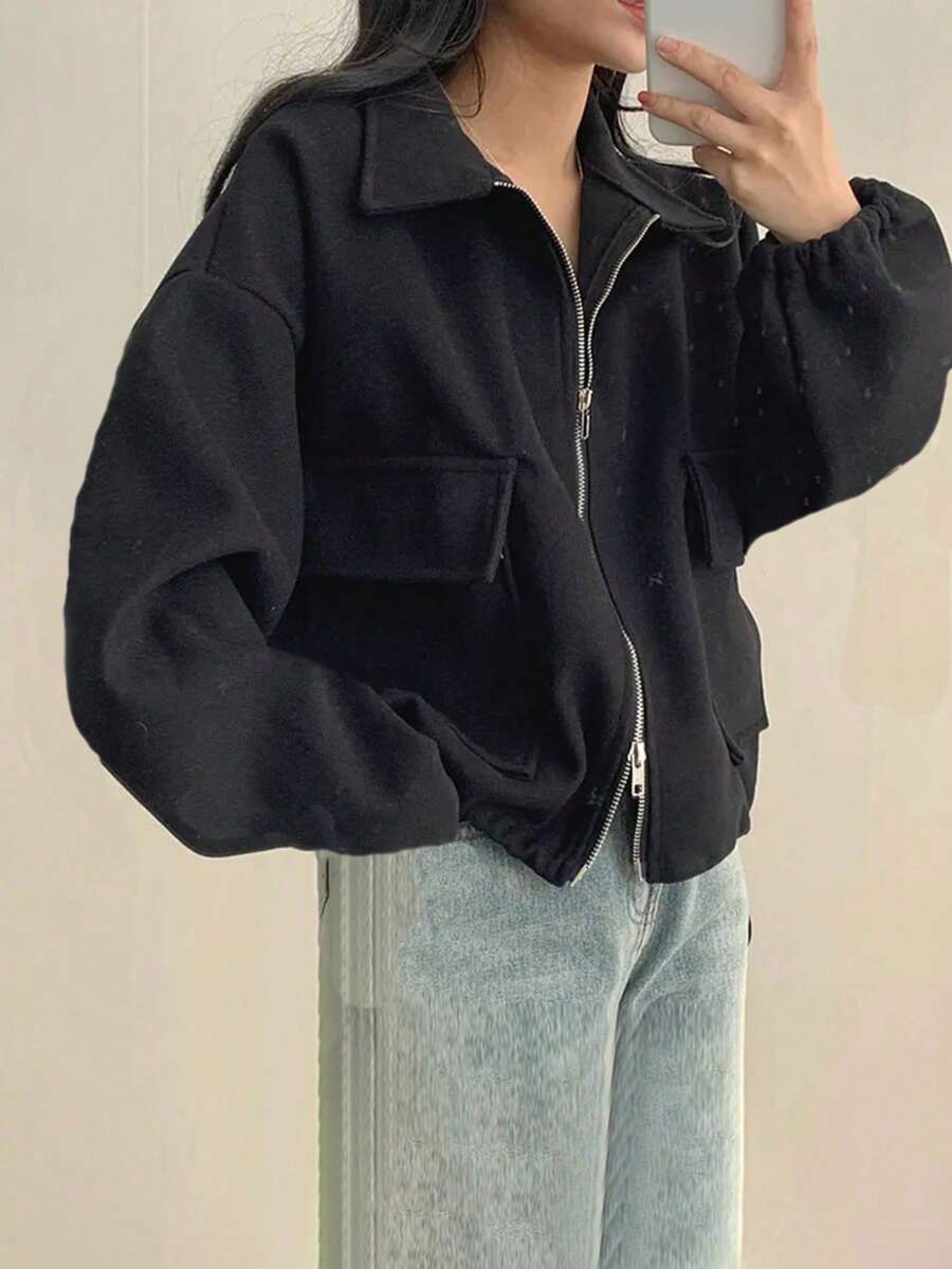 Women's French Style Casual Loose Zip-Up Cinched Waist Short Jacket With Pockets, Autumn/Winter - Black - View 1