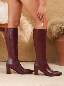 2025 年秋冬新款时尚加大码侧拉链高跟靴，粗跟纯色及膝靴，时尚优雅经典，酒红色靴子 - 酒紅色 - 查看 5