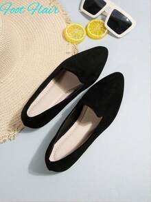 Sapatilhas femininas Foot Flair, sapatos baixos elegantes de camurça sintética com bico fino, adequados para o deslocamento diário, mocassins casuais pretos de cor sólida - Preto - Ver 9