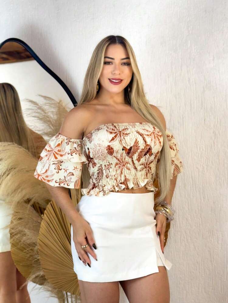 Cropped Top  Lastex Ruffle Sleeve Women - Terracotta Print - View 1