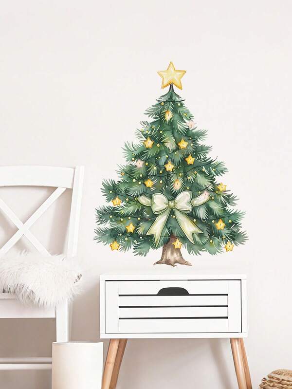 ملصق حائط شجرة عيد الميلاد قطعة واحدة، ديكور عطلة كلاسيكي، نجمة وفيونكة، ملصق ديكور حائط، مناسب لغرفة النوم والصالة والمكتب والخلفية، ديكور غرفة عيد الميلاد، ديكور المنزل، ديكور المطبخ، ديكورات عيد الميلاد، ديكورات المنزل