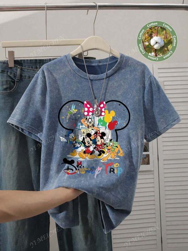 Disney Camiseta de manga corta de cuello redondo de talla grande de estilo casual para mujer, con estampado de patrones de anime, de temperamento dulce y suave, delgada y cómoda para el verano, adecuada para el uso casual diario, camisetas gráficas para mujer, atuendos de verano para mujer