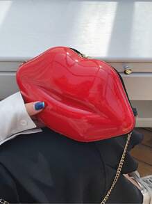 Fashionable Chain Glossy Lip Shaped Women's Crossbody Unique Mini Bag, Patent Leather Small Bag