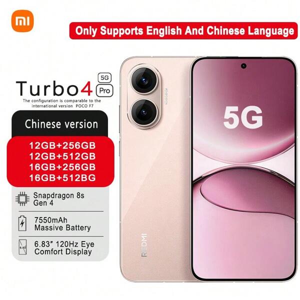 Xiaomi Smartphone Redmi Turbo4 Pro: Snapdragon 8s Gen4 (4nm), Batería de alta capacidad de 7550mAh para una larga duración, Pantalla de 6.83 pulgadas con cuidado ocular, y Sistema de refrigeración térmica 3D Ice-Cooling. Solo soporta los idiomas inglés y chino.