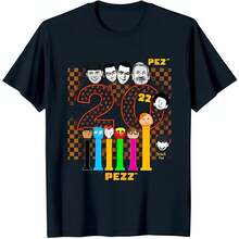 Black Checkered Pattern T-Shirt With Cartoon Heads & Pez Dispensers Fun Graphic - Black - View 1