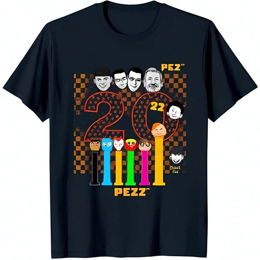 Black Checkered Pattern T-Shirt With Cartoon Heads & Pez Dispensers Fun Graphic - Black - View 1