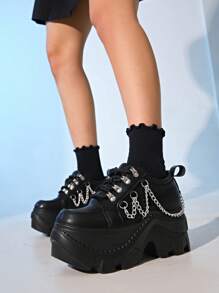 Women's Punk Style Lace-Up Metal Eyelet Platform Casual Sneakers, Versatile Business Shoes - Black - View 10