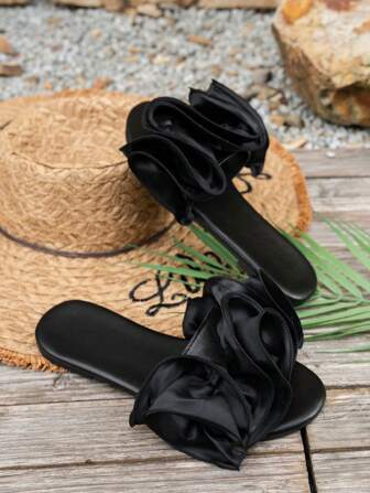 Women's Black Pleated One-Shoulder Open Toe Comfortable Round Toe Flat Sandals, Fashionable For Outdoor Spring/Summer