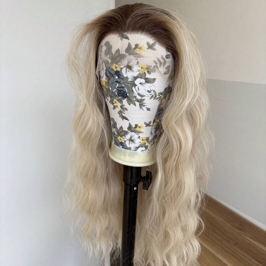Long Wavy Natural Hairline Women Ombre Blonde Daily Wear Heat Resistant Synthetic Hair 13X4X1 Inch Glueless T Lace Front Wigs Soft