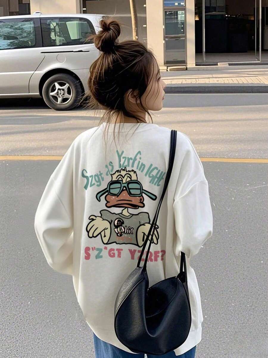 圆领长袖T恤,夏季新款卡通图案字母印花,时尚休闲,女士宽松上衣 - 白色 - 查看 1