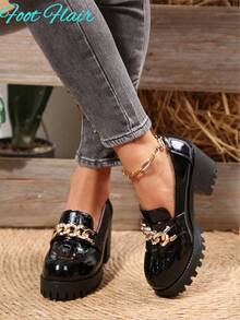 Foot Flair Women's Metal Chain Decor Waterproof Platform Round Toe Slip-On Thick Sole High Heel Shoes, Vintage Style, Plus Size, PU Leather Oxford Pumps, Black, British Style, Work Flats, Spring/Autumn
