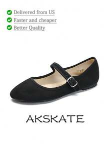 Women's Mary Jane Flats With Buckle Strap – Microfiber Suede Ballet Shoes With TPR Outsole – Casual Round Toe Slip-On Black Dress Flats - 黑色 - 查看 1