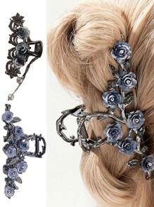2pcs/Set Women's Alloy Black & Purple Floral Crystal Faux Pearl Hair Claw, Romantic Luxurious Thick Hair Elegant Bun Clip, Minimalist High-End Stylish Hair Clip, Suitable For Daily Use (1 Large Claw, 1 Small Claw) Hair Accessories Fashion Claw Clips Ladies Hair Clamps Casual Hair Jaw Clip Autumn Accessories Fall Winter For Vacation Outfits Woman