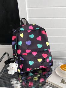 Heart-Shaped Backpack With Pendant, Large Capacity (Print Placement Random) - Black - View 8