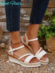 Foot Flair 女式加大码石纹编织可调节扣露趾坡跟一脚蹬波西米亚海滩度假休闲凉鞋,夏季新款配色弹力绳底罗马凉鞋 - 白色 - 查看 3