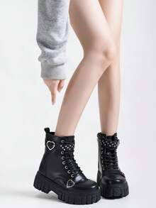 Alan Vincent[Free Returns And Exchanges][Local Delivery][Quick Arrival][Classic Boots Series]New Classic Women's Black Mid-Calf Boots Boots Easy And Comfortable To Wear Women's Platform Boots Suitable For Parties Lace-Up And Zipper Fashionable Style Women's Boots With Love Buttons Rivet Decoration - 黑色 - 查看 9