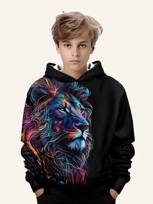 青少年男童时尚印花休闲卫衣 - 长袖圆领套头衫，适合春秋季穿着，酷炫印花 - 黑色 - 查看 1