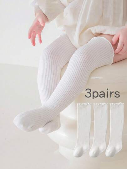 3 Pairs Cotton Knee High Socks For Toddlers, Thin Style, Spring/Autumn