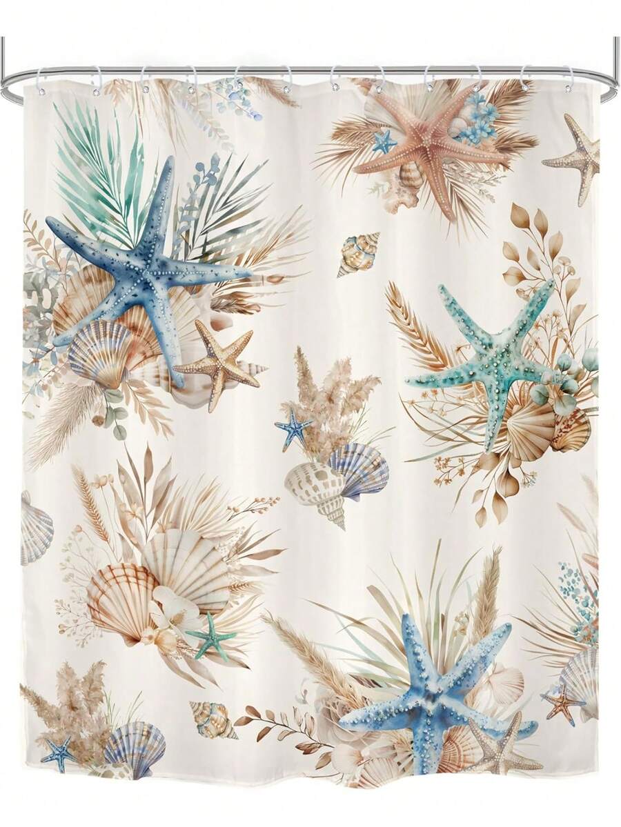 Beach Coastal Nautical Bathroom Shower Curtain Set, Ocean Coral Vintage Sea Horse With 12 Hooks, Fabric Waterproof Accessories Decor