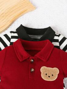 Bộ 2 món/Bộ đồ liền thân tay ngắn họa tiết gấu thêu cổ polo mùa hè cho bé trai & bộ đồ liền thân tay ngắn màu trơn - Màu Đỏ Sâu - Xem 3