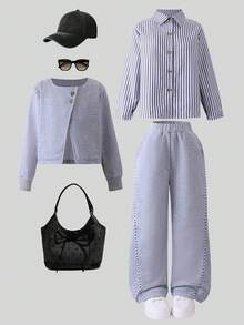 秋季女童休闲条纹衬衫、灰色夹克三件套 - 灰色 - 查看 6