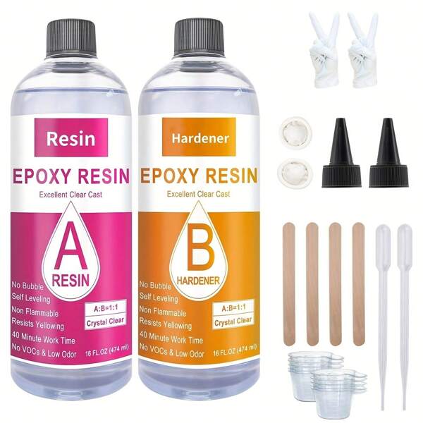 Kit Resina Epossidica Trasparente Da 16oz/32oz Per Getti E Rivestimenti Di Superfici Come Tavoli In Resina, Progetti Di Gioielli, Fai Da Te, Manufatti In Vetro A Doppia Parete, Modellismo, Pittura Artistica, Formula Facile Miscelazione 1:1.